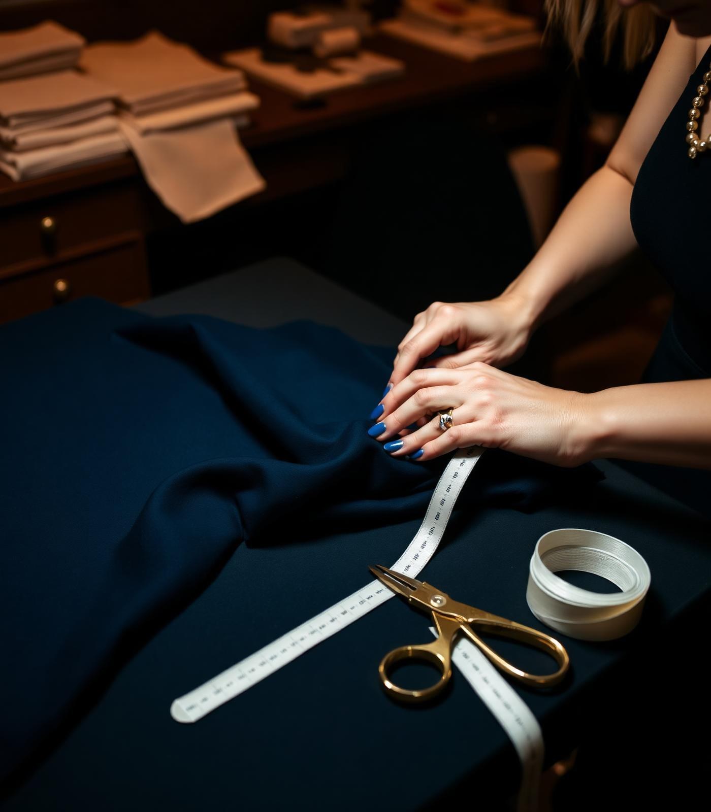 Mains de couturière traçant un patron sur du néoprène marine dans l'atelier